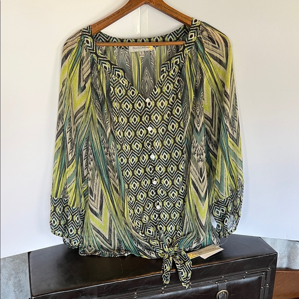 Figueroa & flower Green Multi-Print Tie-Front Blouse